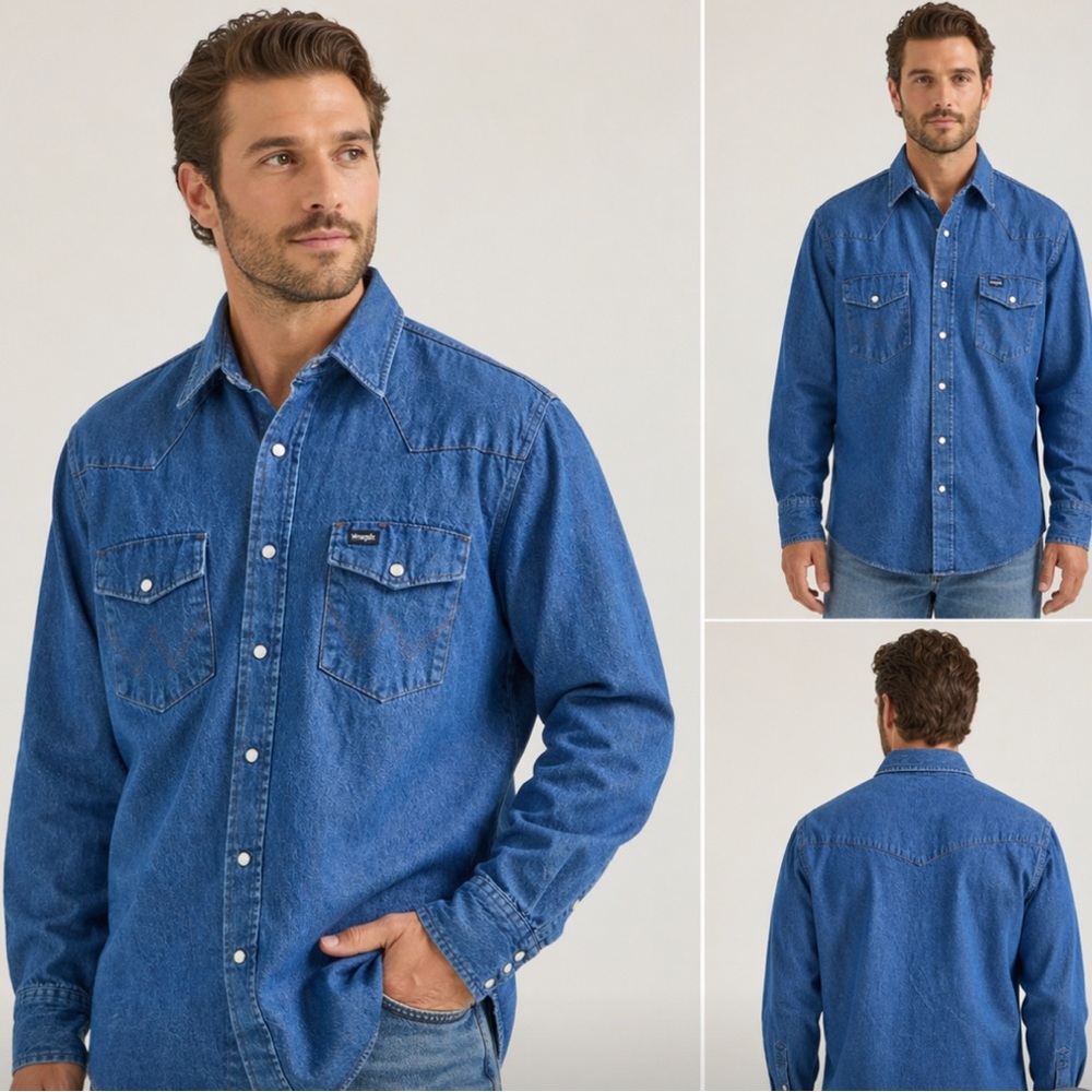 WRANGLER Men’s Denim Work Shirt | Western Pearl Snap Button-up Long Sleeve Blue